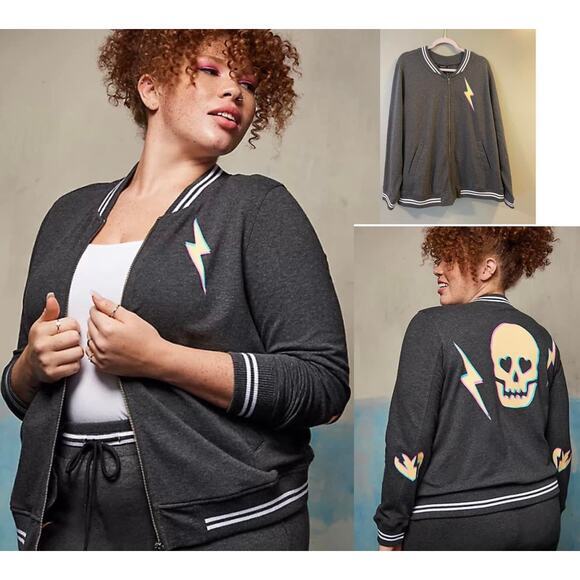 Torrid 0 (0X) Lovesick Skull Punk Gothic Lightning Bolt Fleece Bomber Jacket - Picture 2 of 2